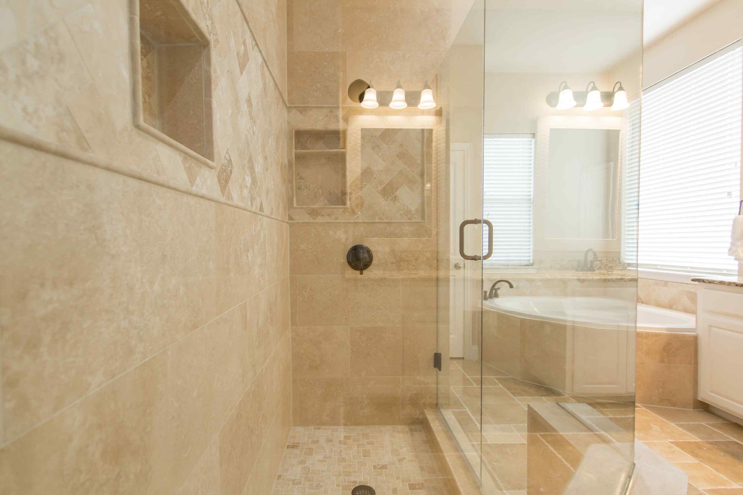 Modern Blu bathrooms marble shower- Also offers Bathroom Remodel in Flower Mound TX