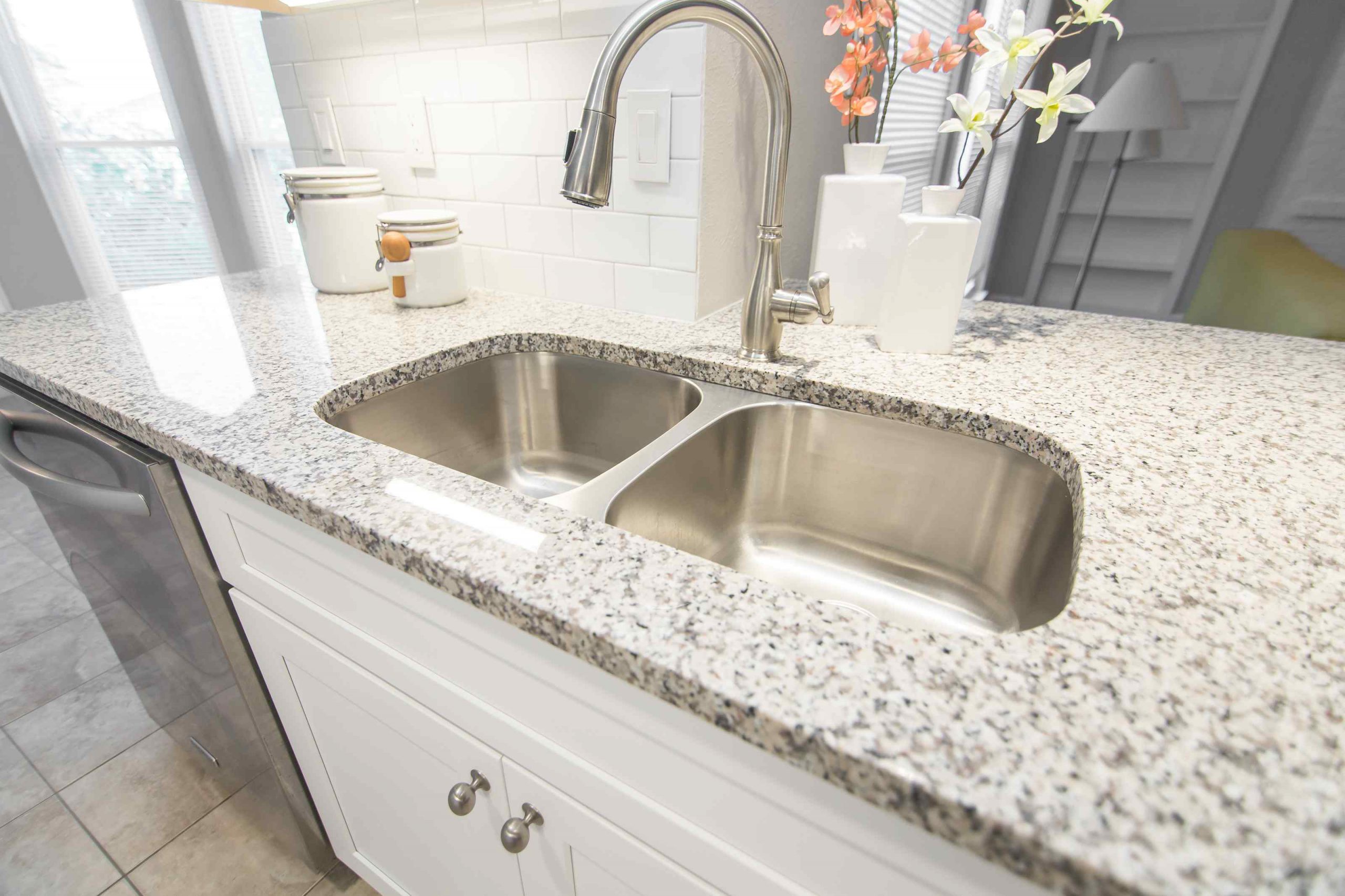 Grapevine kitchen with double sink remodel with quartz countertops