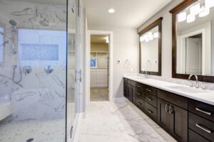 Bathroom Remodel in Highland Village with marble tile floor